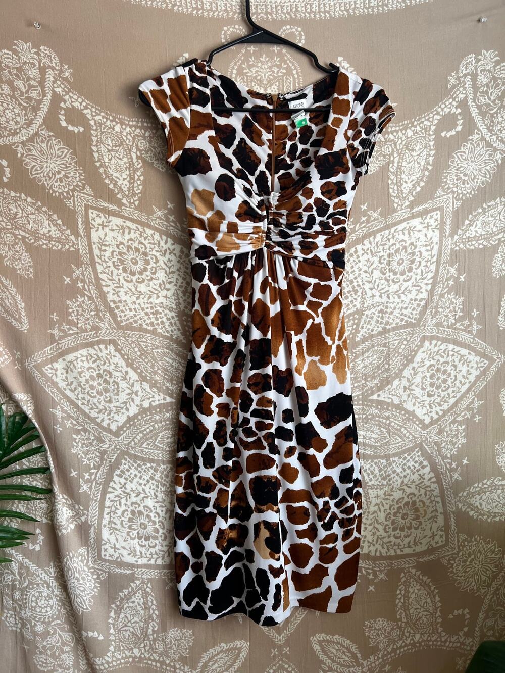 Y2K Cache Giraffe Print Ruched Twist Front Sheath Dress 2